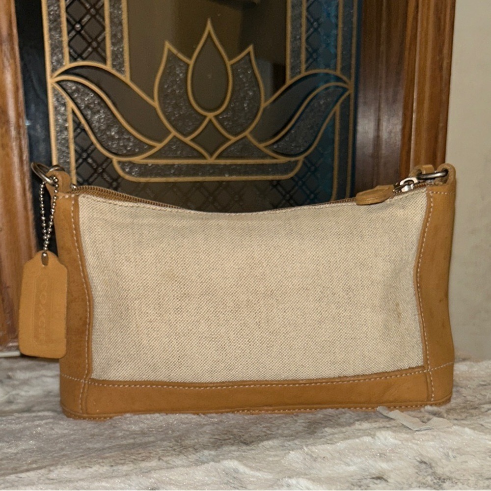 Vintage Coach Demi Bleecker 6115 Ivory Canvas & Camel Leather Baguette